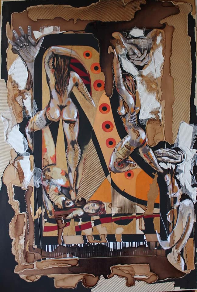Camilla Cuparo, «L'amante», 2014/2015, cm. 150x100, Tecnica mista su tela (caffè, tempere, olio, carboncino, sanguigna, pastelli ad olio, spago, garza)
