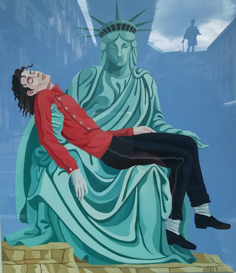 Giuseppe Veneziano, "La pietà di Michael Jackson", 2010, olio su tela, cm. 150 x 130, Polo regionale d'arte moderna e contemporanea di Palermo, Palazzo Riso