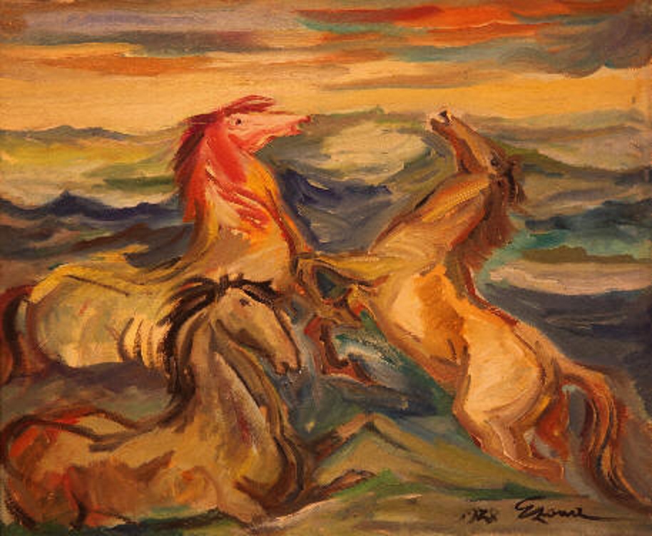Giuseppe Zona (Messina 1920 - Messina 1996), “Cavalli”, olio su tela