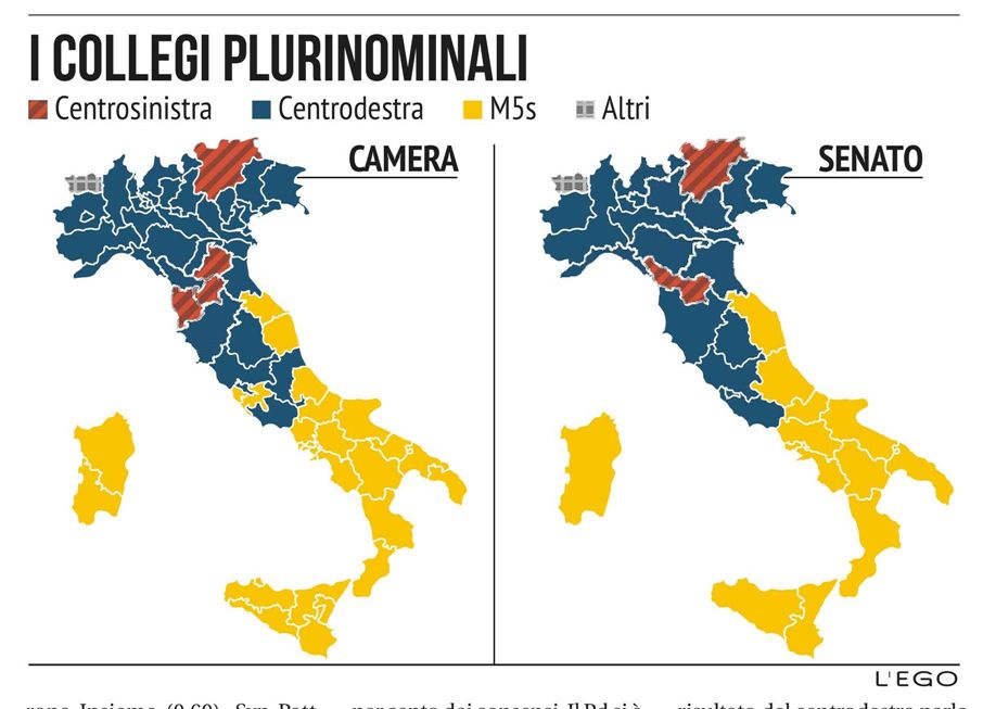 Politiche 2018, Mappa Italia, Camera e Senato [L'Ego, 06.03.2018]