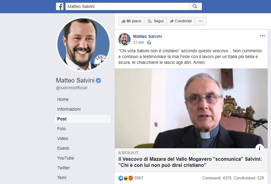 Salvini condivide post Mogavero