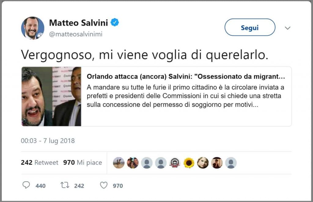 Salvini querela Orlando twitter