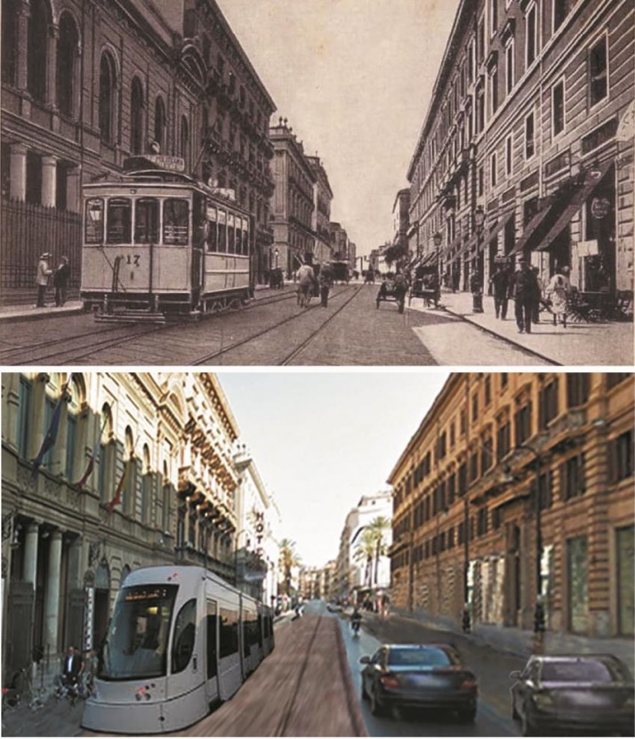 Tram in via Roma - prima e dopo